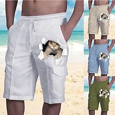 Men's Designer Streetwear Shorts Beach Shorts Drawstring Elastic Waist Multiple Pockets Short Pants Casual Daily Micro-elastic Cat Graphic Breathable Soft Mid Waist Green White Blue Khaki S M L XL XXL miniinthebox