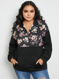 YOINS Plus Size Patchwork Floral Print Pocket Design Long Sleeves Sweatshirt