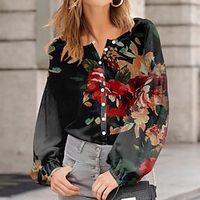 Women's Shirt Blouse Black White Yellow Floral Striped Button Print Short Sleeve Holiday Weekend Basic Round Neck Regular Floral S Lightinthebox - thumbnail