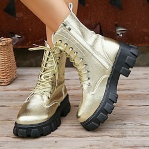 Women's Boots Platform Boots Combat Boots Metallic Boots Party Christmas Xmas Solid Color Booties Ankle Boots Winter Lace-up Platform Round Toe Punk Minimalism PU Lace-up Gold miniinthebox