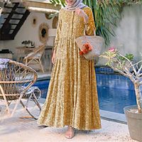 Women's A Line Dress Maxi long Dress Wine Dark Blue Yellow Light Blue Long Sleeve Floral Ruched Print Spring Crew Neck Casual Muslim Ramadan 2021 S M L XL XXL 3XL 4XL 5XL Lightinthebox - thumbnail