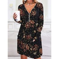 Women's Sheath Dress Knee Length Dress Black Long Sleeve Floral Ruched Zipper Print Fall Winter V Neck Stylish Modern 2022 S M L XL 2XL Lightinthebox - thumbnail