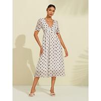 Polka Dot Shirred V Neck A Line Midi Dress Lightinthebox