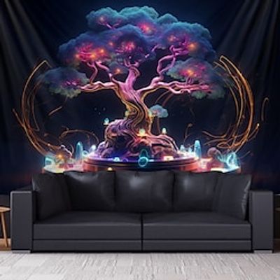 Tree of Life Blacklight Tapestry UV Reactive Glow in the Dark Bosai Trippy Mountain Misty Nature Hanging Tapestry Wall Art Mural for Living Room Bedroom Lightinthebox