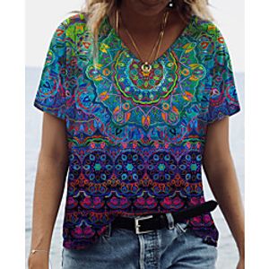Women's Abstract Painting T shirt Graphic Print V Neck Basic Tops Green miniinthebox