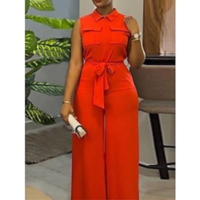 Women's Jumpsuit Pocket Drawstring Solid Color Shirt Collar Active Daily Vacation Regular Fit Sleeveless Light Green Red S M L Summer miniinthebox
