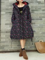 Vintage Floral Print Women Hooded Thicken Coats