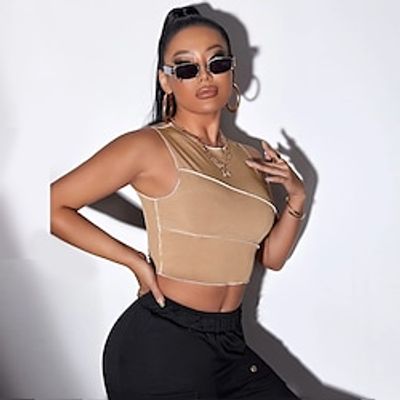 Women's Holiday Weekend Crop Top Tank Top Camis Plain Sleeveless Round Neck Casual Streetwear Tops Khaki S miniinthebox Women's Holiday Weekend Crop Top Tank Top Camis Plain Sleeveless Round Neck Casual Streetwear Tops Khaki S miniinthebox