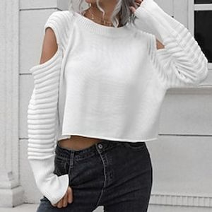 Women's Pullover Sweater Jumper Ribbed Knit Knitted Cold Shoulder Pure Color Crew Neck Stylish Casual Daily Holiday Fall Winter White Black S M L  Long Sleeve Lightinthebox