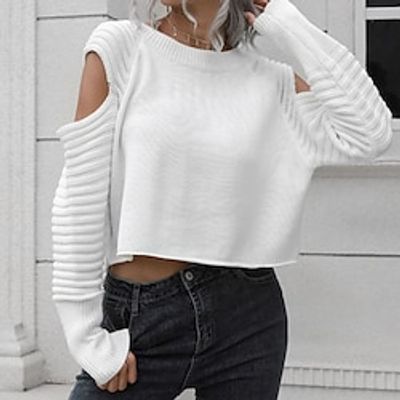 Women's Pullover Sweater Jumper Ribbed Knit Knitted Cold Shoulder Pure Color Crew Neck Stylish Casual Daily Holiday Fall Winter White Black S M L  Long Sleeve Lightinthebox
