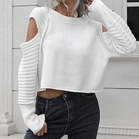 Women's Pullover Sweater Jumper Ribbed Knit Knitted Cold Shoulder Pure Color Crew Neck Stylish Casual Daily Holiday Fall Winter White Black S M L  Long Sleeve Lightinthebox - thumbnail
