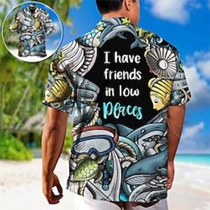 Men's Shirt Summer Hawaiian Shirt Letter Graphic Prints Underwater World Cuban Collar Black Blue Outdoor Casual Short Sleeve Print Clothing Apparel Sports Fashion Streetwear Designer Lightinthebox