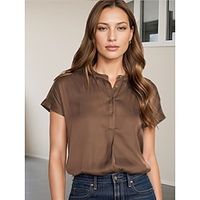 Shirt Blouse Women's Brown Plain Button Street Daily Fashion Modern Standing Collar Regular Fit S Lightinthebox - thumbnail