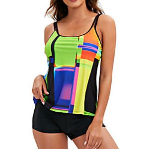 Women's Swimwear Tankini 2 Piece Swimsuit Open Back Print Color Block Green Swimwear Camisole Strap Bathing Suits New Vacation Fashion  Modern Lightinthebox