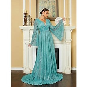 A-Line Evening Gown Elegant Dress Formal Court Train Long Sleeve V Neck Sequined with Glitter Pleats 2023 Lightinthebox