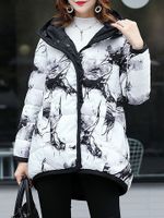 Vintage Ink Printed Long Sleeve Hooded Coat