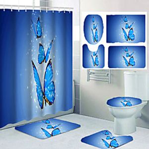 Blue Butterfly Bathroom Shower Curtain Leisure Toilet Four-piece Set miniinthebox