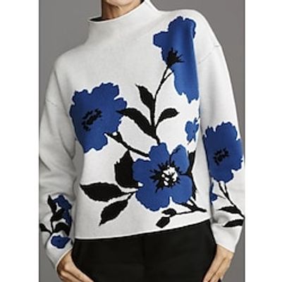 Women's Pullover Sweater Jumper Turtleneck Ribbed Knit Wool Blend Braided Thin Drop Shoulder Spring Fall Winter Regular Work Daily Holiday Stylish Elegant Casual Long Sleeve Floral White S M L Lightinthebox