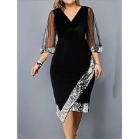 Women's Black Dress Plus Size Christmas Velvet Dress Party Dress Sequin Dress Midi Dress Black Wine Dark Green 34 Length Sleeve Color Block Spring Fall Winter V Neck Fashion Winter Dress Lightinthebox - thumbnail