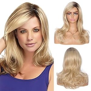 Ladies Ombre Blonde Dark Brown Roots Long Curly Wavy Heat Resistant Synthetic Hair Wig for Women Blonde Wig with Bangs miniinthebox