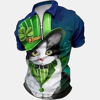 Men's Polo Shirt Golf Shirt St.Patrick's Day Holiday Lapel Quarter Zip Short Sleeve Fashion Comfortable Cat Four Leaf Clover Quarter Zip Summer Regular Fit Green Polo Shirt Lightinthebox - thumbnail
