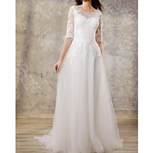 A-Line Wedding Dresses Jewel Neck Floor Length Lace Tulle Long Sleeve Country Romantic with Appliques 2021 miniinthebox
