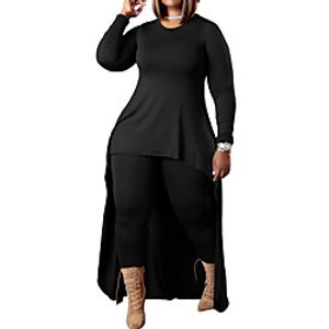 Women's Plus Size Tops Set Plain Asymmetric Long Sleeve Crewneck Streetwear Daily Going out Polyester Spring Summer Black Gray Lightinthebox