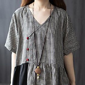 2021 summer new retro disc button long cotton and linen dress women's fat mm large size plaid color matching and thin v-neck miniinthebox