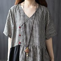 2021 summer new retro disc button long cotton and linen dress women's fat mm large size plaid color matching and thin v-neck miniinthebox - thumbnail