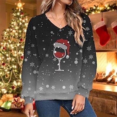 Women's Pullover Christmas Sweatshirt Sportswear Festival Rhinestone Print Dark Gray Graphic Sparkly Snowflake Christmas Casual V Neck Long Sleeve Top Micro-elastic Fall  Winter Lightinthebox