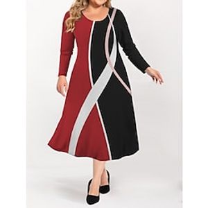 Women's Plus Size Curve Casual Dress Skater Dress A Line Dress Geometric Color Block Midi Dress Long Sleeve Print Crew Neck Fashion Outdoor Red Blue Fall Winter L XL XXL 3XL 4XL Lightinthebox