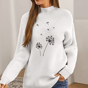 Women's Pullover Sweater jumper Jumper Ribbed Knit Knitted Floral Stand Collar Stylish Casual Outdoor Daily Winter Fall Gray White S M L / Long Sleeve / Regular Fit / Going out miniinthebox