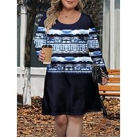 Women's Plus Size Curve Casual Dress Winter Dress T Shirt Dress Tee Dress Geometric Color Block Mini Dress Long Sleeve Print Crew Neck Fashion Outdoor Deep Purple Blue Fall Winter L XL 2XL 3XL 4XL Lightinthebox - thumbnail