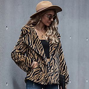 Women's Faux Fur Coat Leopard Fur Trim Fall  Winter Regular Daily Long Sleeve Faux Fur Coat Tops Brown Lightinthebox
