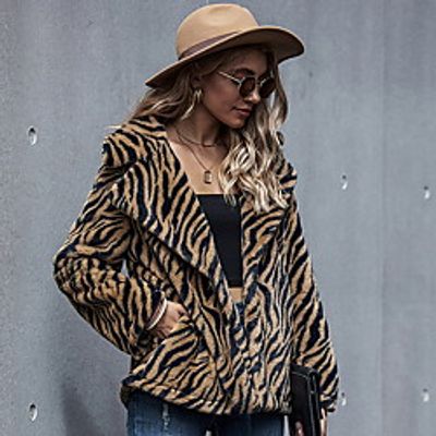Women's Faux Fur Coat Leopard Fur Trim Fall  Winter Regular Daily Long Sleeve Faux Fur Coat Tops Brown Lightinthebox
