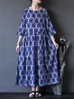 O-NEWE Vintage Flower Printed 3/4 Sleeves O-neck Dresses