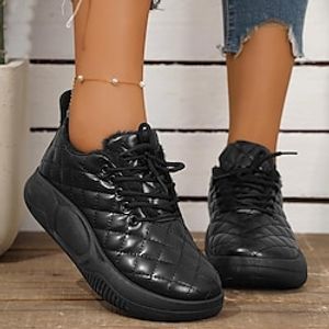 Women's Sneakers Boots Snow Boots Dad Shoes Daily Fleece Lined Booties Ankle Boots Embroidery Flat Heel Round Toe Plush Casual Minimalism Running Walking PU Lace-up Solid Color Black Beige Lightinthebox