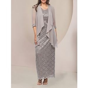 Two Piece Sheath  Column Mother of the Bride Dress Wedding Guest Elegant Scoop Neck Ankle Length Chiffon Half Sleeve with Sequin Ruching Solid Color 2023 Lightinthebox
