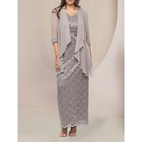 Two Piece Sheath  Column Mother of the Bride Dress Wedding Guest Elegant Scoop Neck Ankle Length Chiffon Half Sleeve with Sequin Ruching Solid Color 2023 Lightinthebox - thumbnail