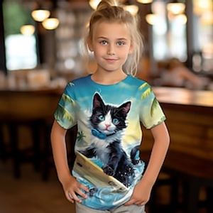Girls' 3D Cat Tee Shirt Short Sleeve 3D Print Summer Spring Active Fashion Cute Polyester Kids 3-12 Years Crew Neck Outdoor Casual Daily Regular Fit miniinthebox