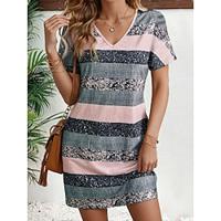 Women's Summer Dress SpringDress Color Block Stripe Print Loose V Neck Mini Dress Short Sleeve Summer Spring Lightinthebox