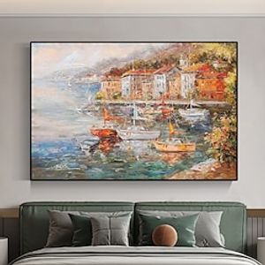 Hand Painting impression Abstract Oil Painting Boat Landscape Painting on The Shore of Town Canvas Wall Art Decor Painting for Living Room miniinthebox