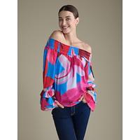 Chiffon Elastic Cuff Floral Off Shoulder Blouse - thumbnail