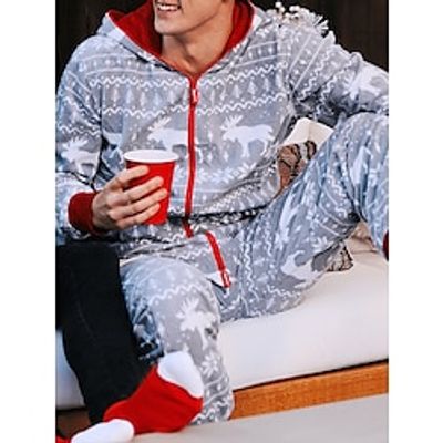 Men's Christmas Pajamas Loungewear Onesie Pajamas 1 pcs Graphic Prints Stylish Casual Comfort Home Daily Bed Polyester Comfort Soft Hoodie Long Sleeve Spring Fall White Red Lightinthebox