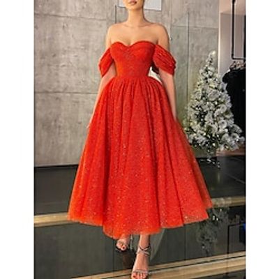 A-Line Prom Dresses Corsets Dress Wedding Party Tea Length Sleeveless Off Shoulder Tulle with Glitter Sequin 2023 Lightinthebox