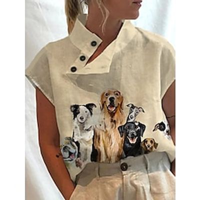 Women's Shirt Blouse Animal Dog Blue Rainbow Beige Print Button Short Sleeve Casual Fashion High Neck Regular Fit Spring Fall Lightinthebox Women's Shirt Blouse Animal Dog Blue Rainbow Beige Print Button Short Sleeve Casual Fashion High Neck Regular Fit Spring Fall Lightinthebox