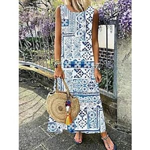 Women's Long Dress Maxi Dress Casual Dress Shift Dress Tank Dress Flower Fashion Streetwear Daily Date Vacation Print Sleeveless Crew Neck Dress Regular Fit White Blue Spring Summer S M L XL XXL Lightinthebox