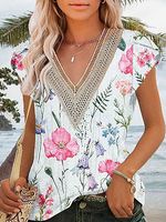 V-Neck Hollow Casual Loose Floral Print Short-Sleeved T-Shirt