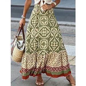 Women's Swing Long Skirt Maxi Polyester Black Green Skirts Ruffle Print Boho Vacation Beach S M L Lightinthebox