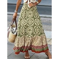 Women's Swing Long Skirt Maxi Polyester Black Green Skirts Ruffle Print Boho Vacation Beach S M L Lightinthebox - thumbnail